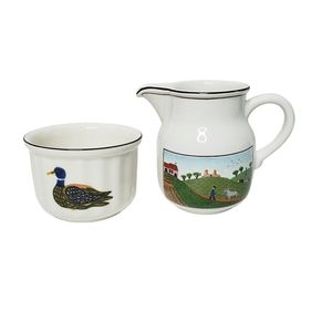 Villeroy & Boch Cream and Sugar Rooster Duck Flower Basket Farm